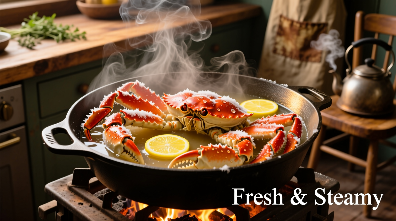 Steaming frozen snow crab legs in a pot with lemon slices