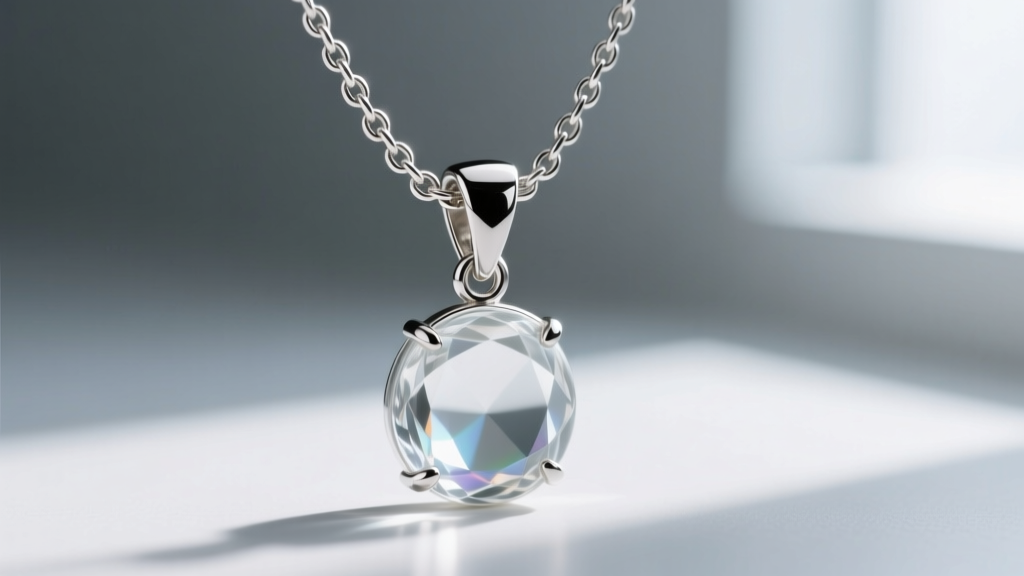 Close-up of a 1.8mm silver box chain threading through a glass pendant bail, highlighting a secure lobster clasp mechanism.