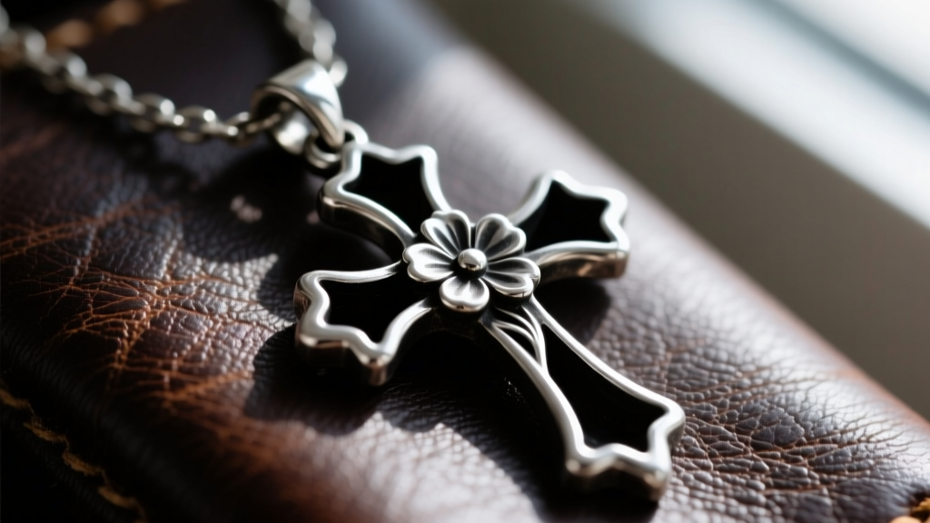 Close-up of oxidized sterling silver Floral Cross pendant on dark leather, highlighting blackened recesses and polished high edges.