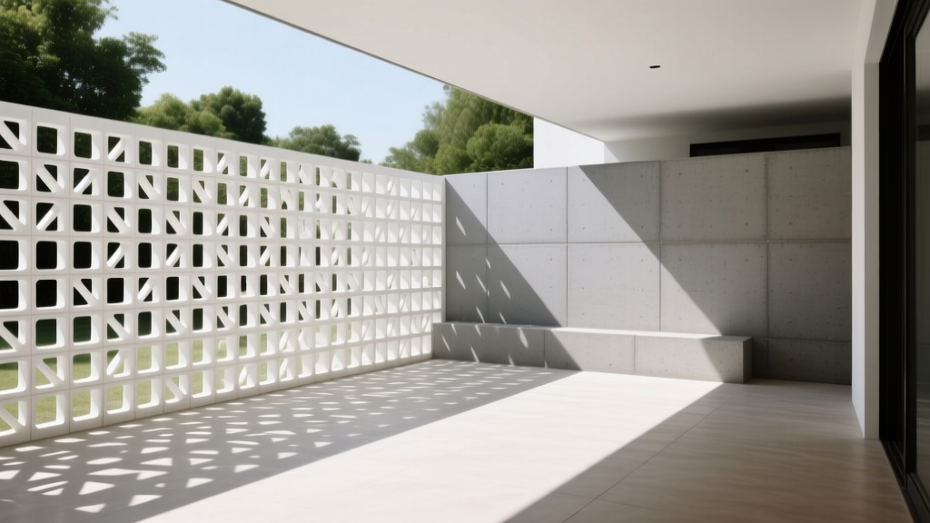 Modern courtyard featuring a patterned white breeze block privacy screen next to a solid gray concrete block retaining wall