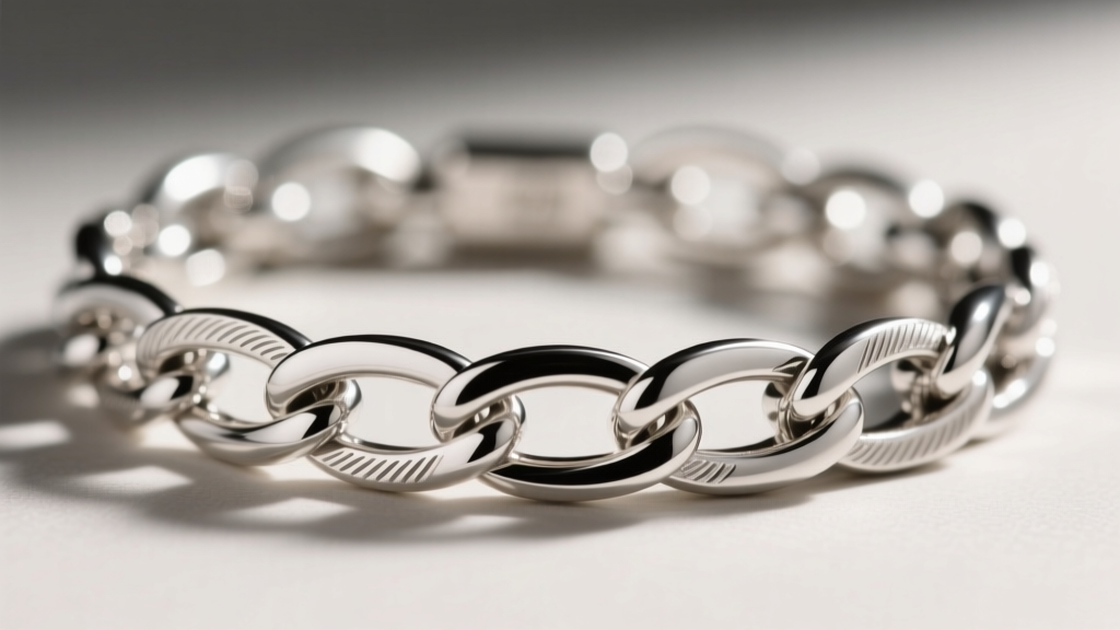 Macro shot of a 10mm sterling silver chaine d'ancre necklace clasp, showing the T-bar toggle mechanism against dark slate