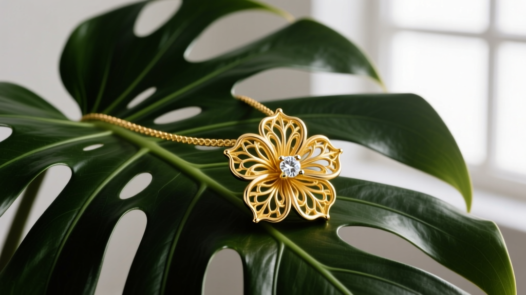 Close-up of an 18k yellow gold hibiscus pendant with a diamond center resting on dark green monstera leaves