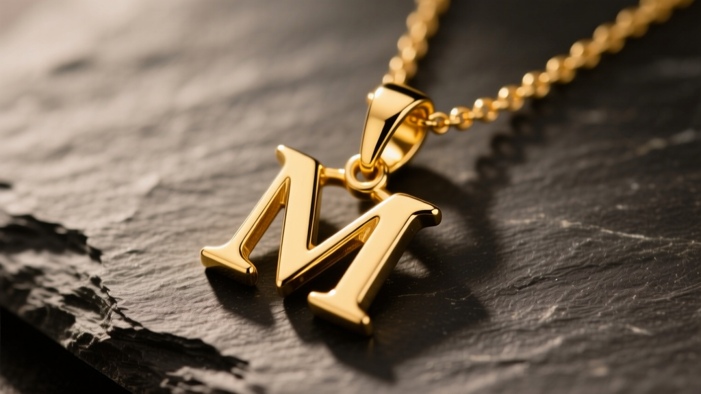 Close-up of a 14k yellow gold necklace letter M pendant on dark slate, highlighting sharp serif edges and a polished bail.