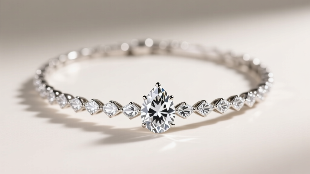Platinum necklace with a 25-carat D-flawless Type IIa pear diamond and pavé marquise stones, shot in soft studio lighting