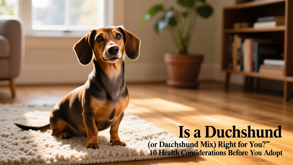 A happy, healthy Dachshund sitting on a sunlit rug, looking alert and engaged