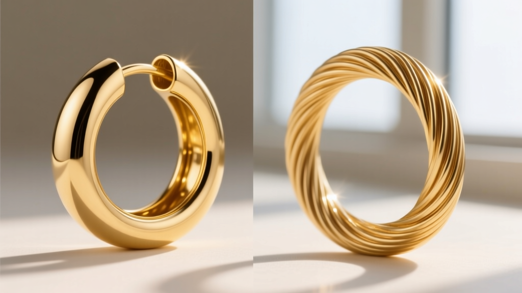 Side-by-side view of a hollow tubular 14k gold hoop and a solid 14k gold wire hoop, highlighting structural thickness differences.