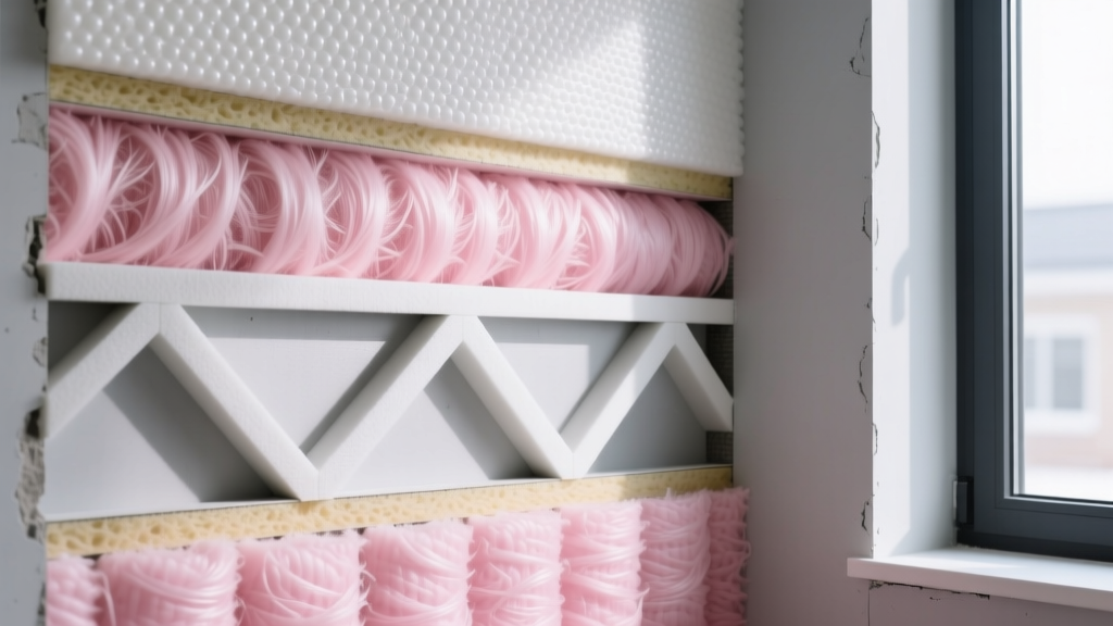 Wall cross-section showing pink fiberglass batts, rigid polyiso foam, and closed-cell spray foam layers in modern construction