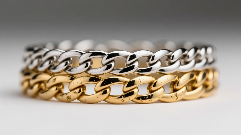 Macro view of a platinum chain resting against an 18k gold herringbone chain, revealing subtle surface friction wear on the gold