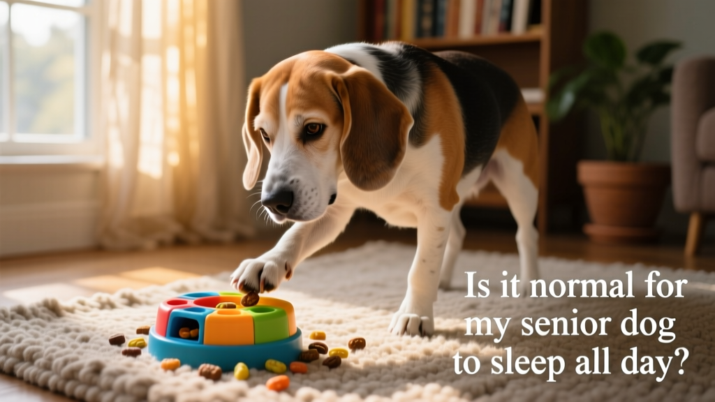 Senior beagle gently playing with a treat-dispensing puzzle toy on a rug near a sunny window