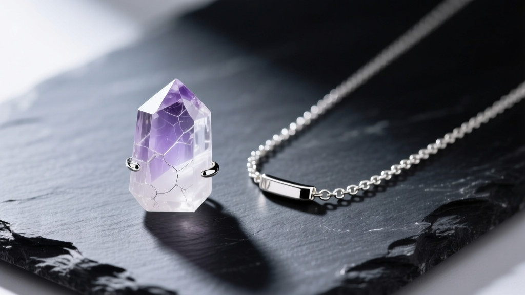 Digital jewelry scale weighing a 15-gram raw quartz pendant next to a delicate 0.8mm silver box chain on a dark slate surface.