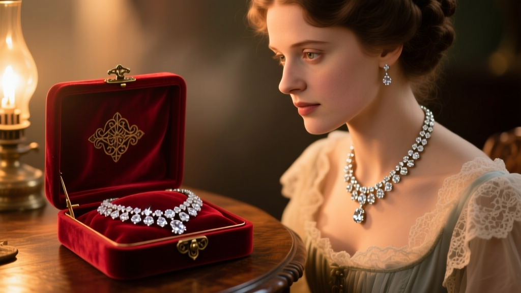 19th-century woman admiring a sparkling diamond rivière necklace in a velvet jewelry box, warm gaslight mood, cinematic composition