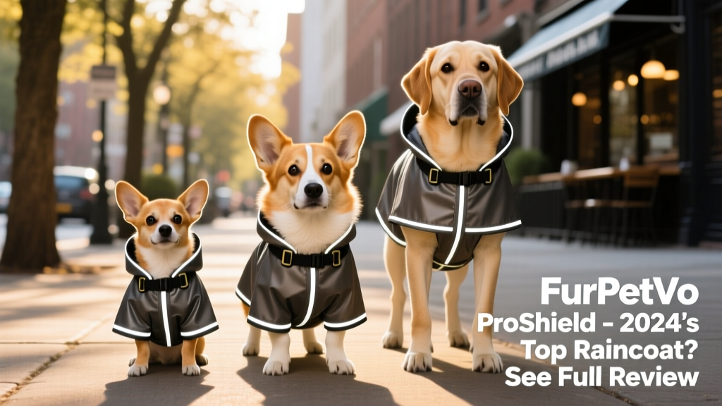 Side-by-side comparison showing the FurPetVo ProShield raincoat on three different dog sizes—small, medium, and large—with consistent fit and coverage