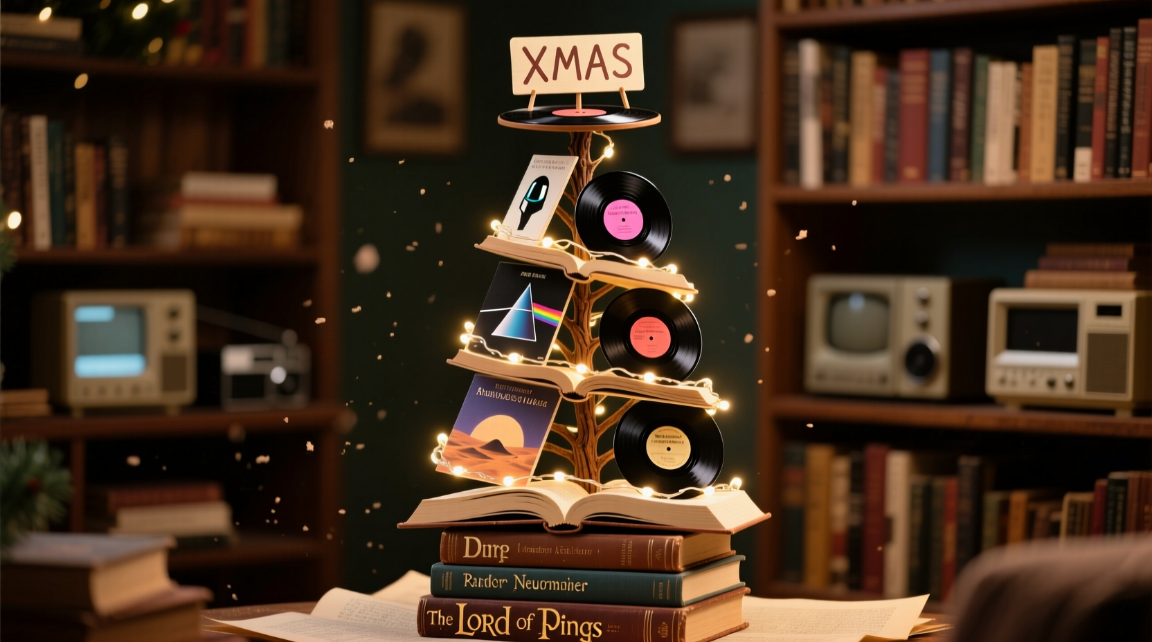how to make a christmas tree from books or records for geeky flair