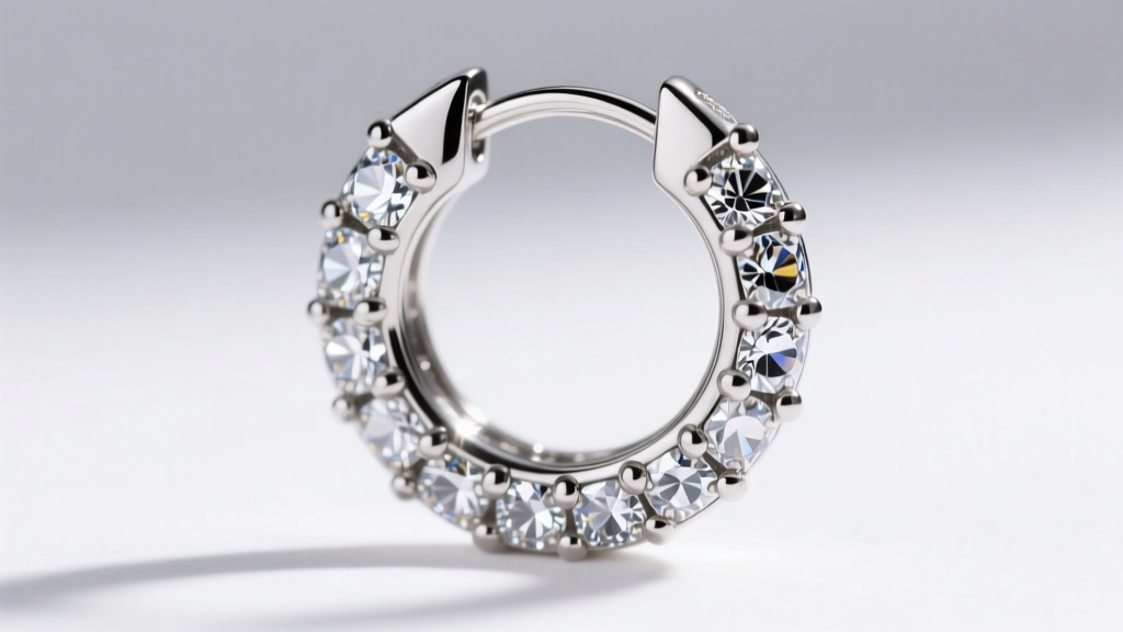 Close-up macro shot of a Michael Kors sterling silver pavé cubic zirconia huggie hoop earring highlighting the prong settings
