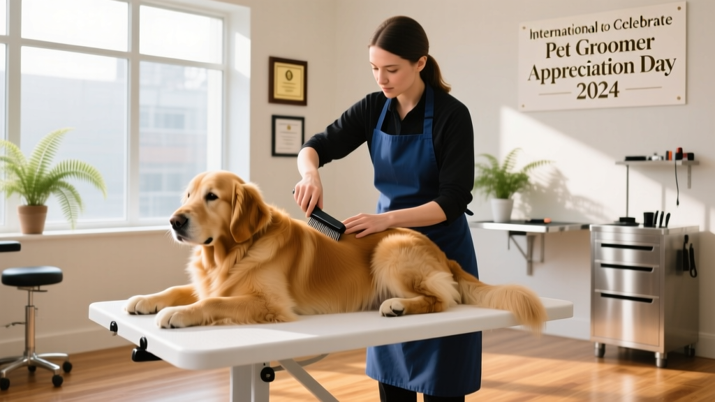 A professional pet groomer gently brushing a calm golden retriever in a sunlit grooming salon