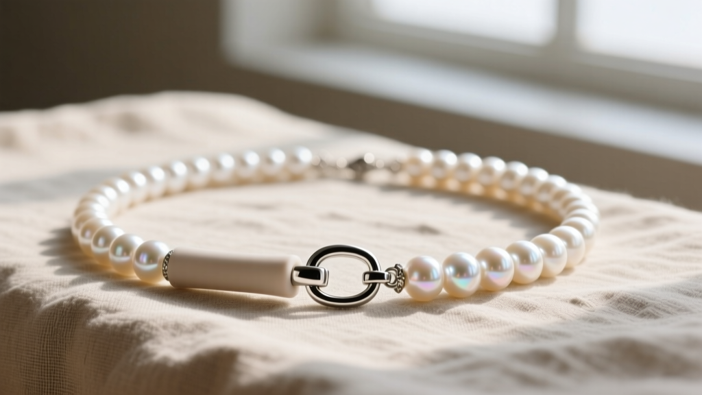Sleek palladium magnetic clasp with silicone safety sleeve attached to a modern baroque pearl necklace resting on natural linen.