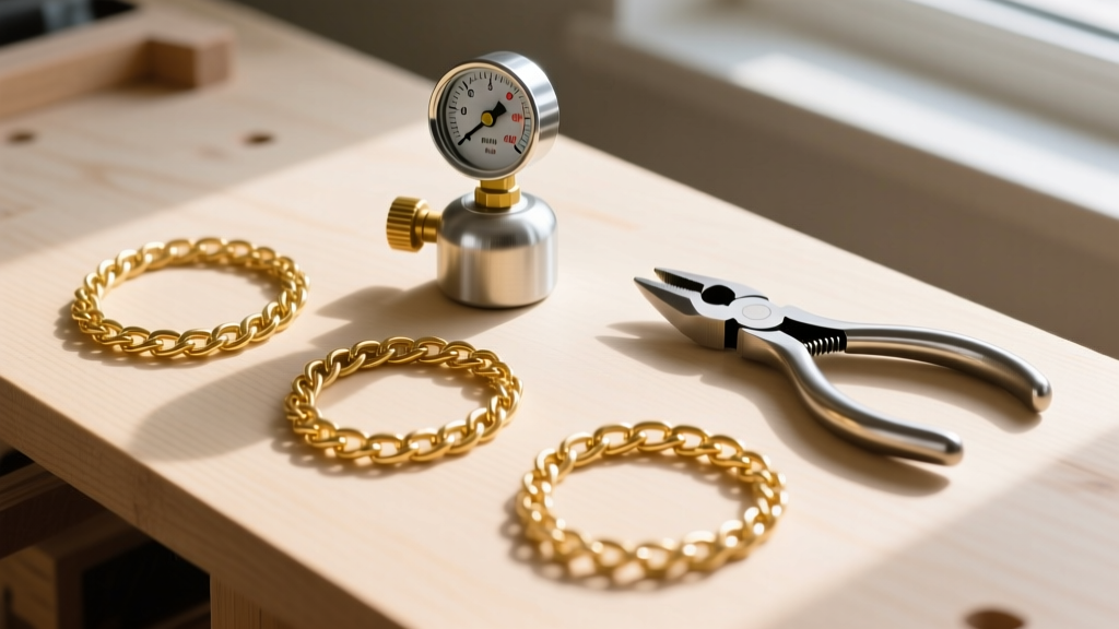 Top-down flat lay of three 14k gold-filled chains, flush cutters, and a small argon gas regulator on a clean wooden workbench.