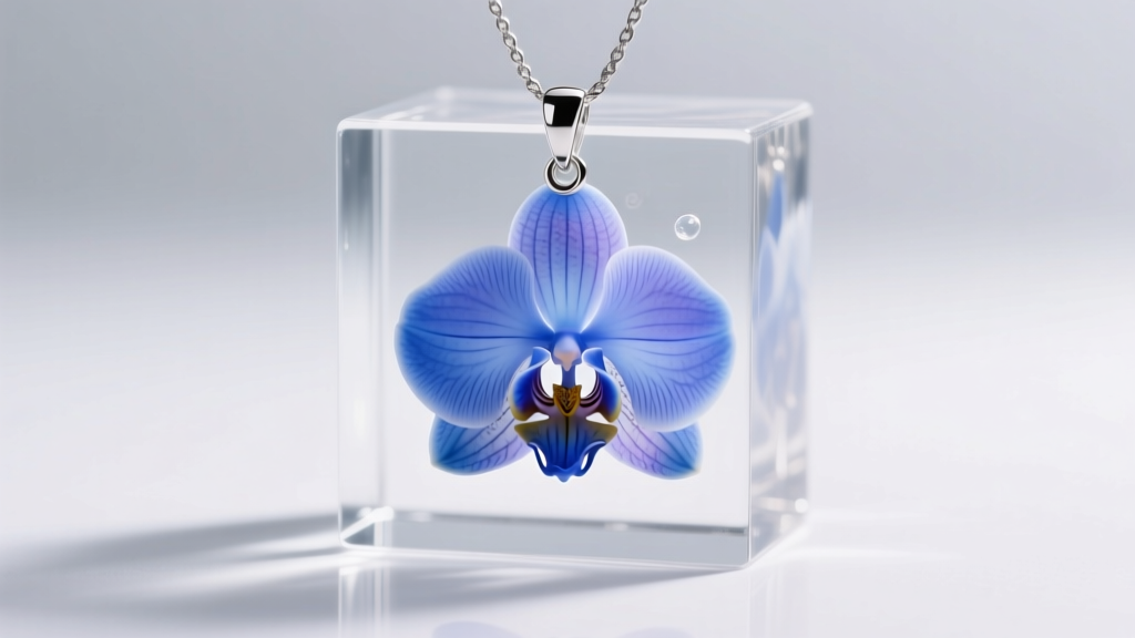 Macro shot of a preserved real blue orchid pendant set in sterling silver, suspended in clear UV-resistant jewelry grade bio-resin