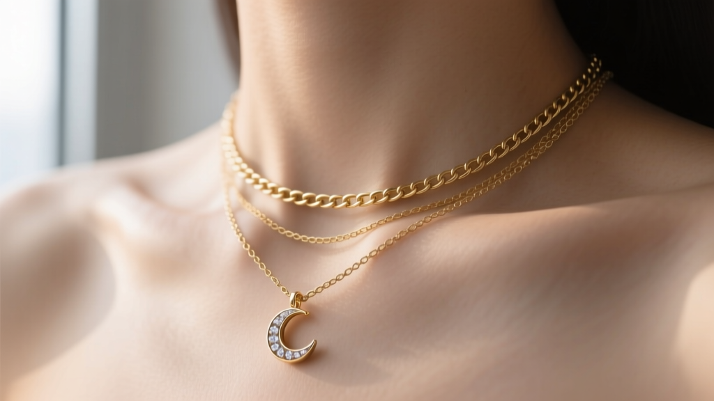Close-up of a collarbone wearing a layered 16-inch 18k gold box chain with a small diamond-accented moon crescent pendant