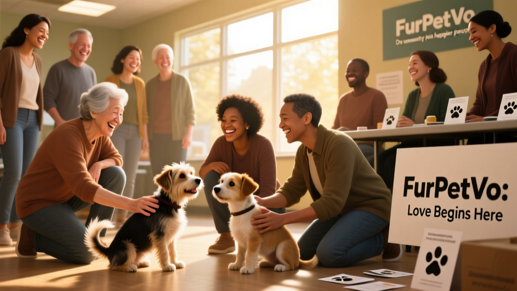 A diverse group of people smiling as they meet adoptable dogs at a FurPetVo community adoption event