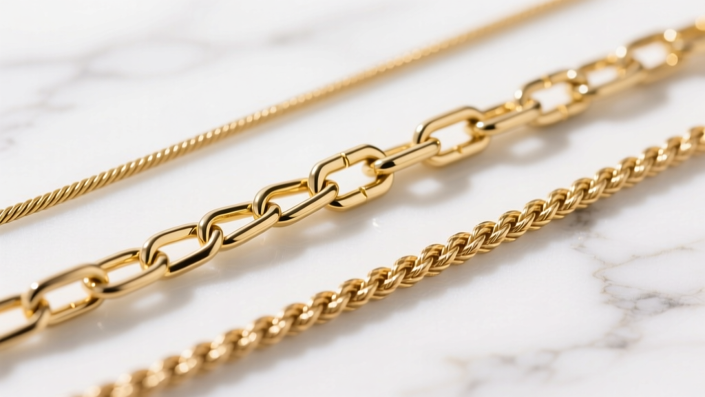 Three gold chains on white marble: a 1.5mm cable chain, a 2mm box chain, and a 1.2mm rope chain, shown in crisp macro detail.