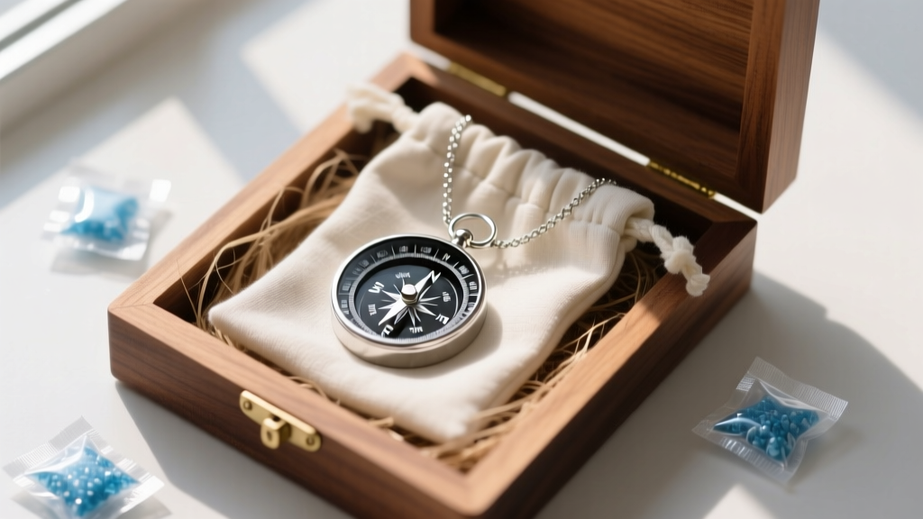 Polished silver compass necklace in an anti-tarnish cloth pouch, resting in a cedar box beside small silica gel desiccant packets.