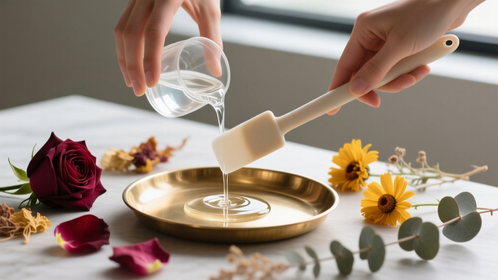 Close-up of hands pouring clear UV resin into a brass bezel tray with a silicone tool, surrounded by vibrant dried botanicals