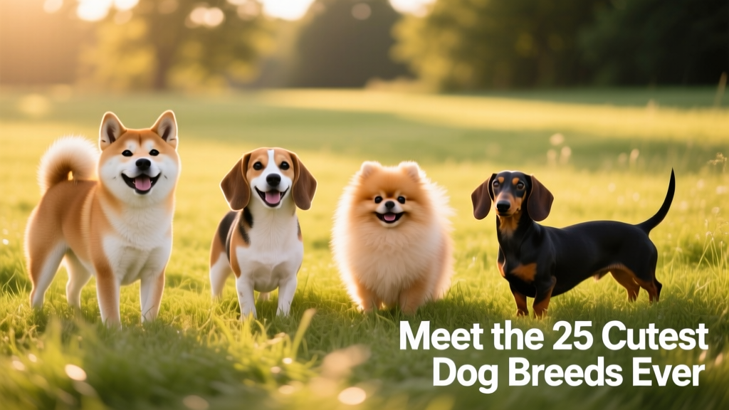 A joyful lineup of small and medium-sized dogs—Shiba Inu, Beagle, Pomeranian, and Dachshund—posing together on a sunlit grassy field