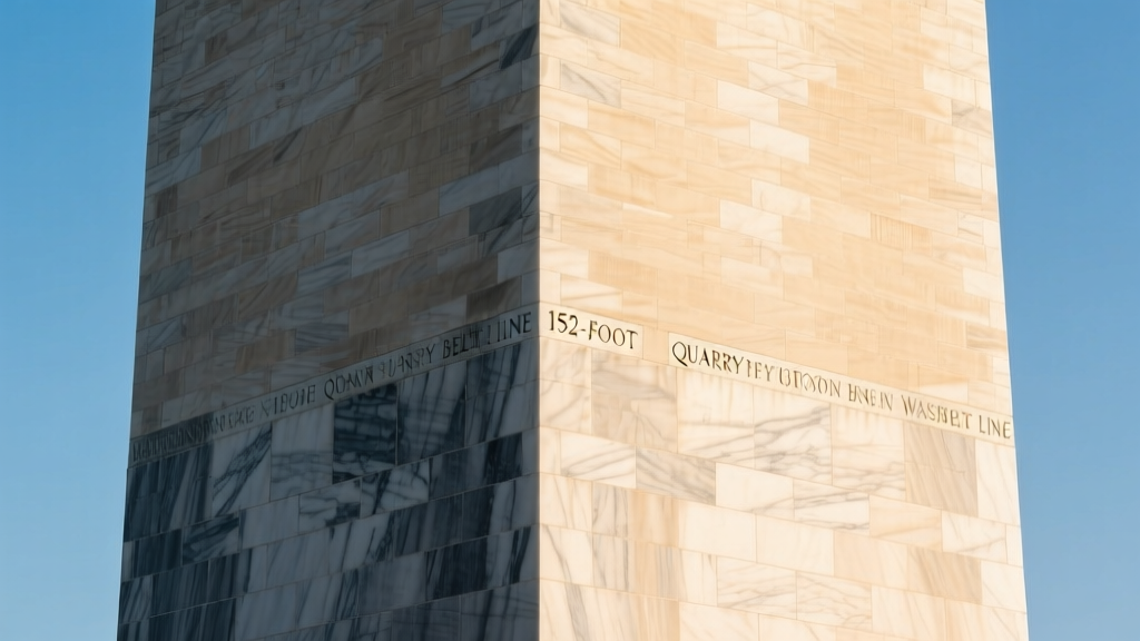 Close-up of Washington Monument marble masonry showing the distinct color shift at the 152-foot quarry transition belt line.