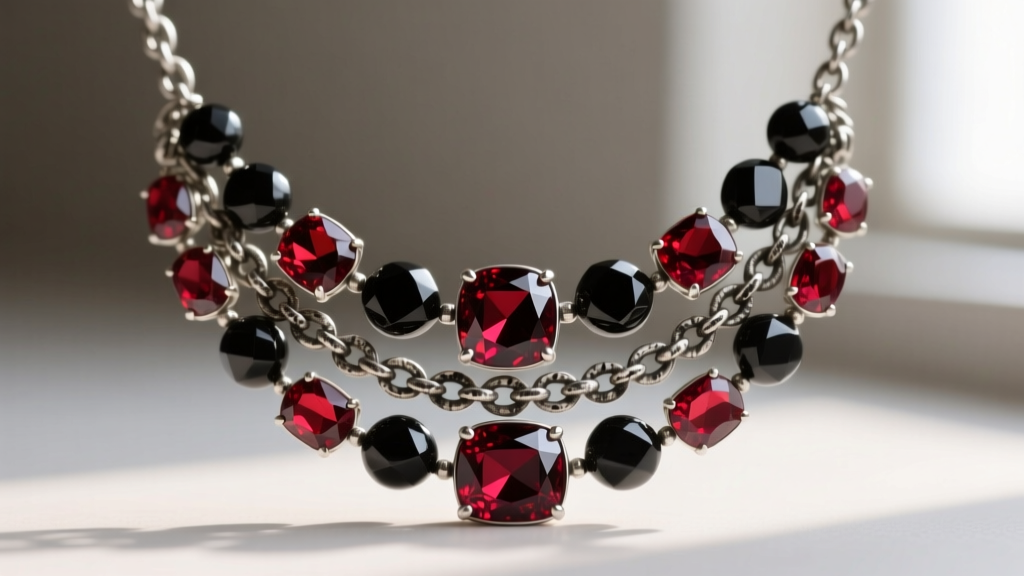 Close-up of a layered red and black necklace with faceted Mozambique garnets and matte black onyx beads on oxidized silver chains.