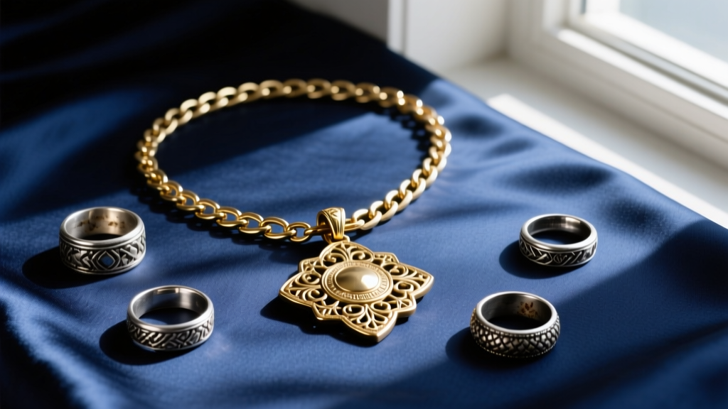 Flat lay of a 22-inch Cuban chain holding a brass takrut pendant, styled with vintage silver rings on a dark silk cloth background