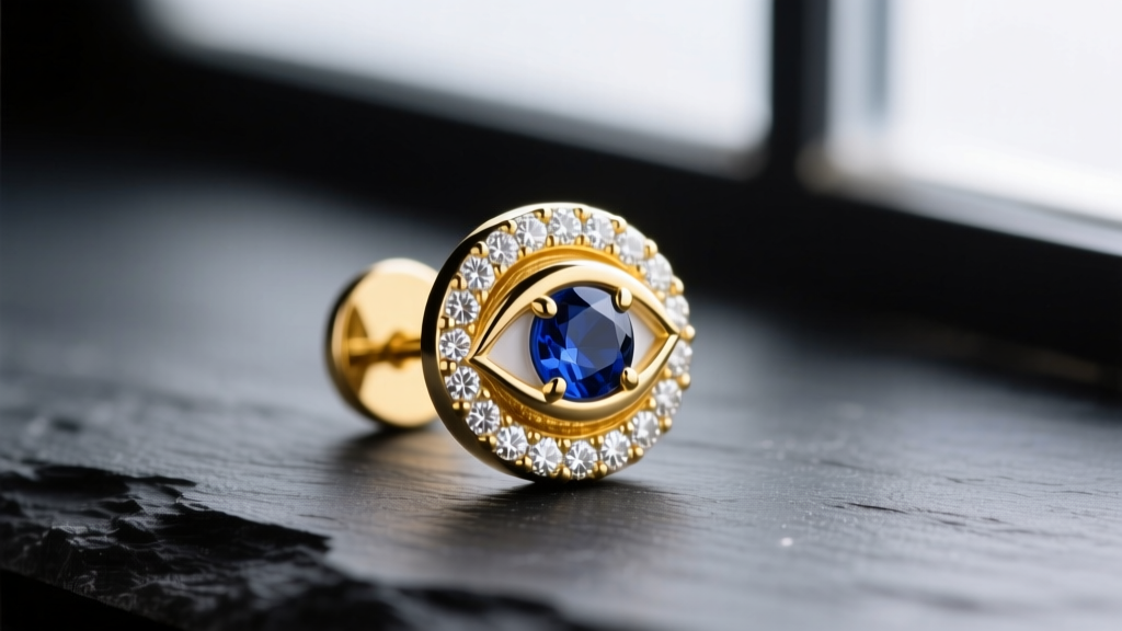 Close-up of a 14k yellow gold evil eye stud earring with a blue sapphire center and white diamond halo, resting on dark slate.