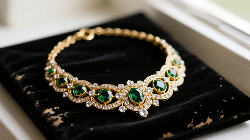 Close-up of a tarnished vintage gold-tone brass bib necklace with crystal pavé and dark green enamel resting on a dark velvet pad.
