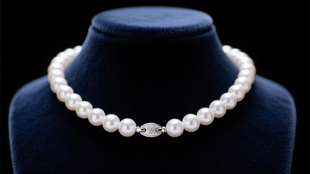 White freshwater pearl necklace on a dark velvet bust, showing a silver clasp and high luster under warm studio lighting.