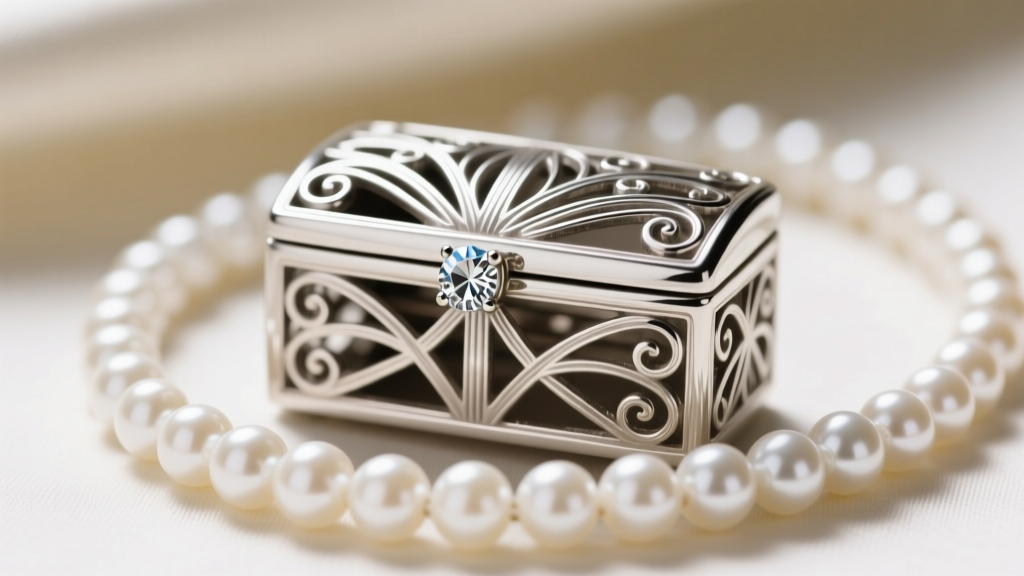 Detailed shot of an ornate 1930s Art Deco sterling silver filigree box clasp with a tiny diamond accent on a pearl necklace