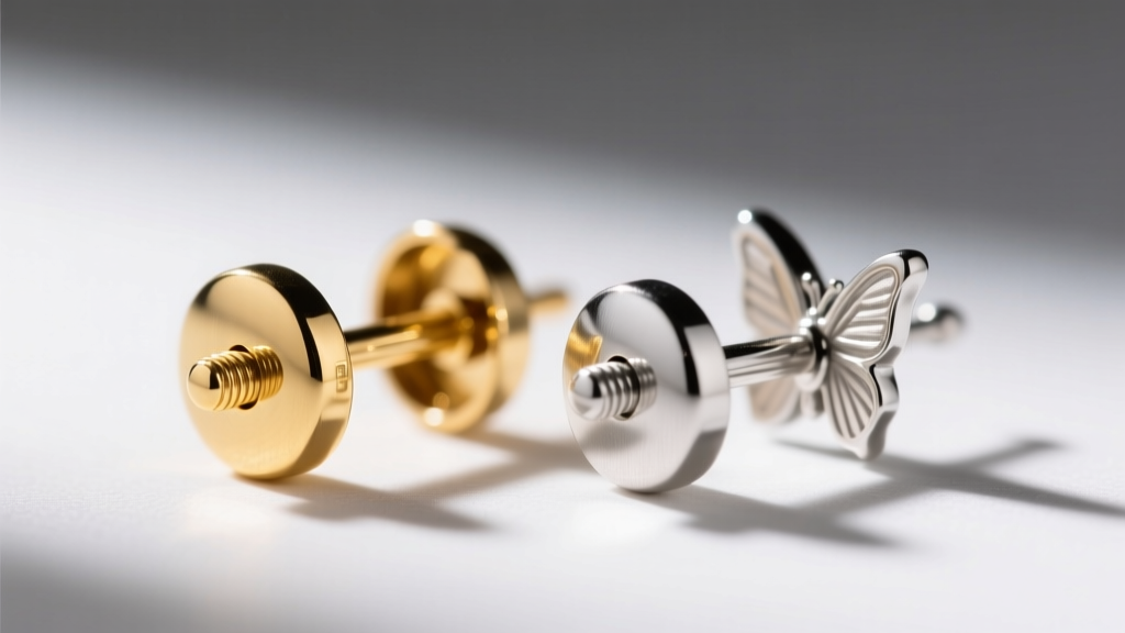 Macro shot of a 20-gauge 14k gold earring post beside a silver post, showing delicate thickness and a secure butterfly backing.