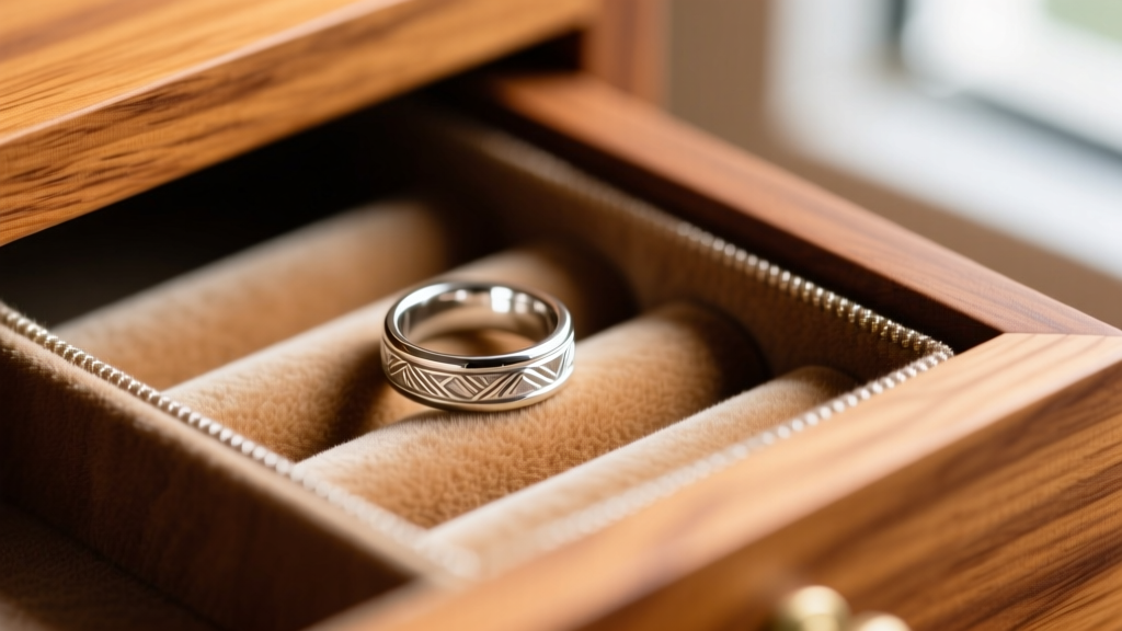 Macro shot of anti-tarnish Pacific cloth lining inside a cedar wood jewelry drawer, with a bright silver ring resting on fabric.