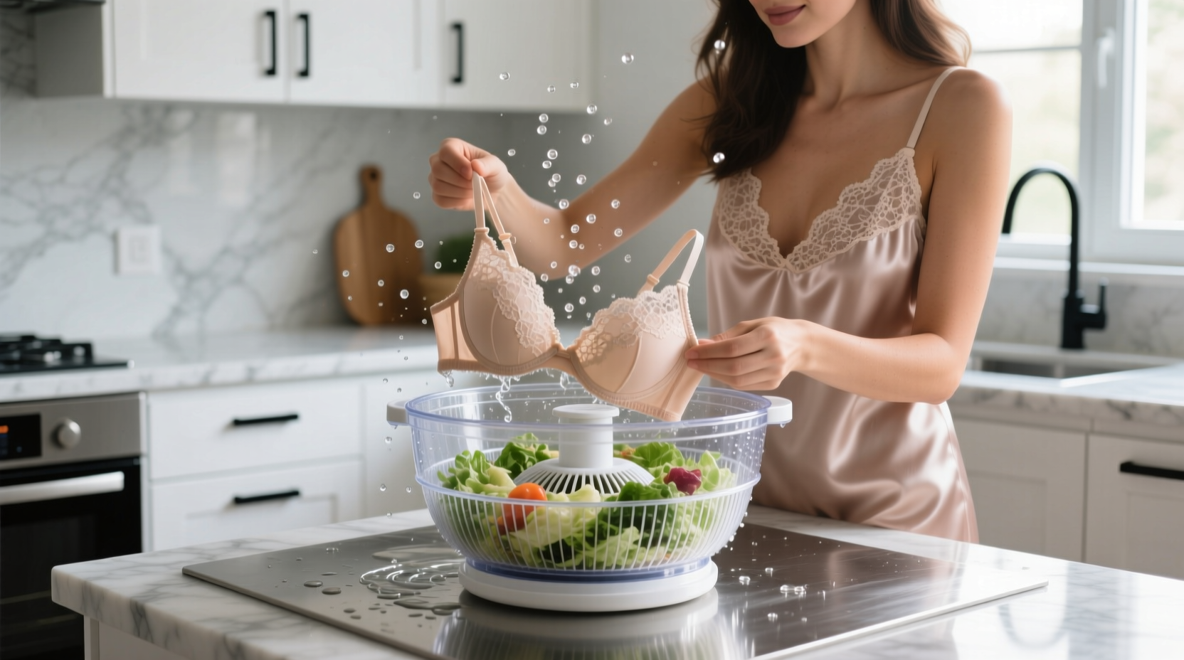 wash bras and other delicates in a salad spinner to pro