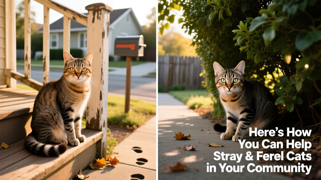 Side-by-side comparison: a friendly stray cat sitting calmly near a porch versus a wary feral cat hiding under bushes
