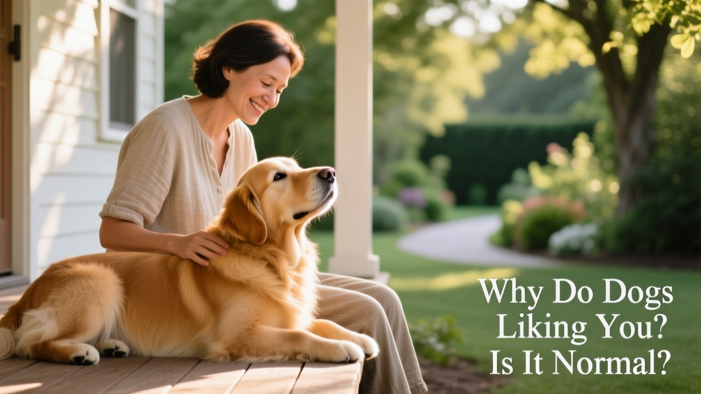 A calm dog resting beside their owner, looking up with soft eyes—no licking happening, just quiet companionship