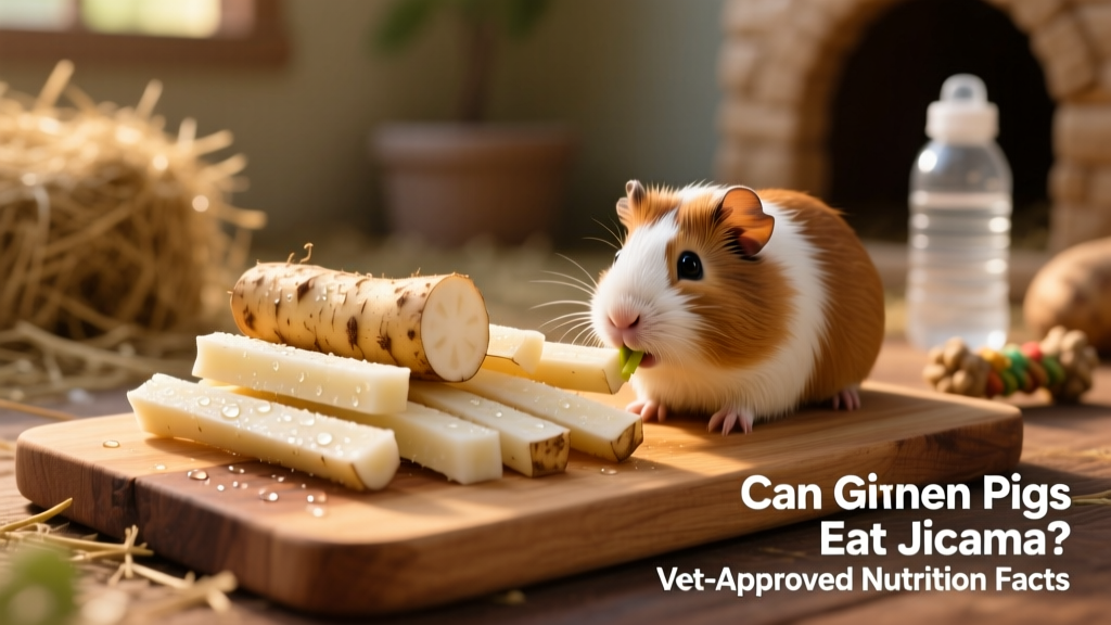 Fresh jicama root sliced into thin, bite-sized sticks suitable for guinea pigs