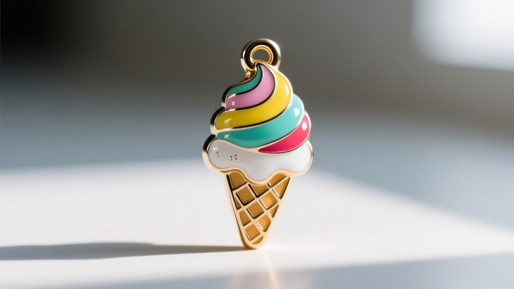 Macro photography comparing soft epoxy enamel scratching versus smooth vitreous hard enamel on a colorful ice cream charm
