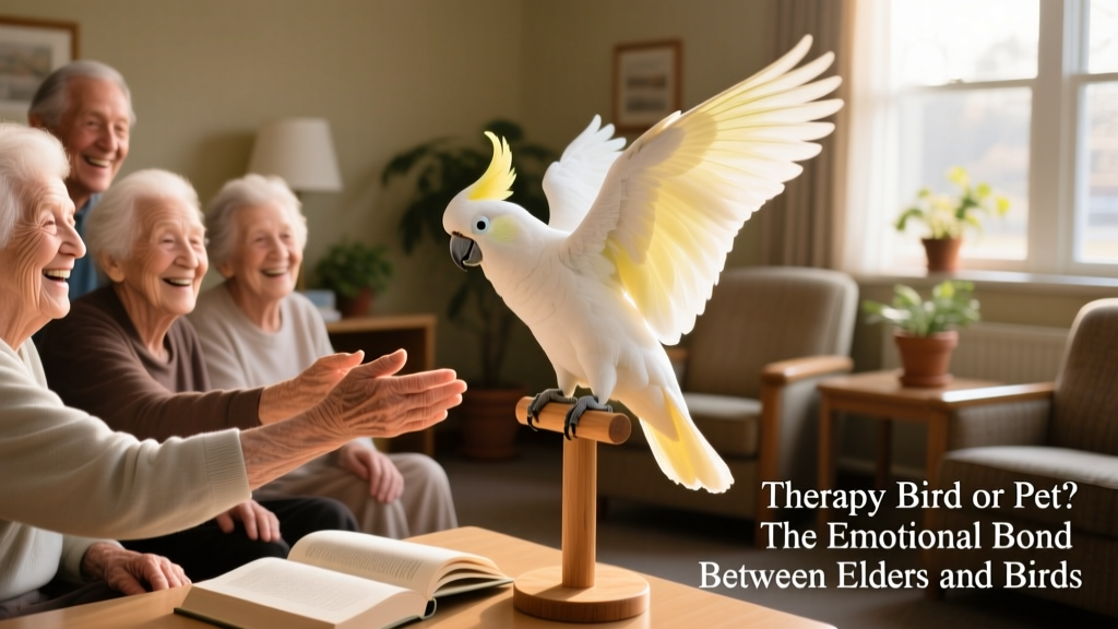 A group of older adults smiling and reaching out to touch a gentle cockatoo during a visit at a nursing home