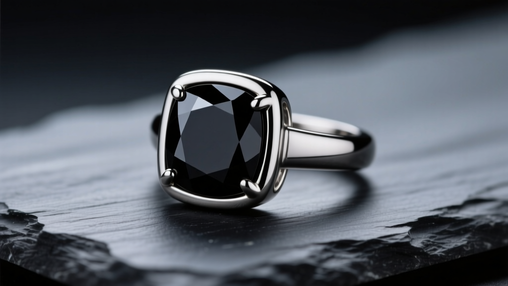 Macro shot of implant-grade titanium jewelry with a bezel-set black onyx gem resting on dark slate under moody studio lighting.