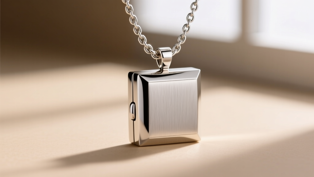 Close-up macro shot of a 4mm sterling silver square box chain interlocking with a geometric brushed-finish square locket