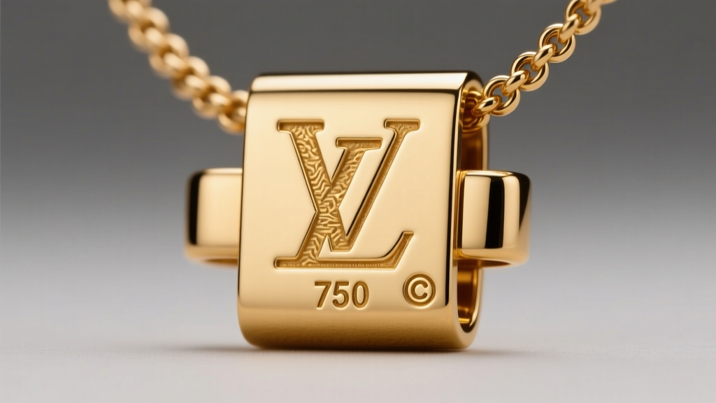 Macro shot of an 18k gold LV necklace clasp revealing the Louis Vuitton hallmark, 750 stamp, and copyright symbol engraving.