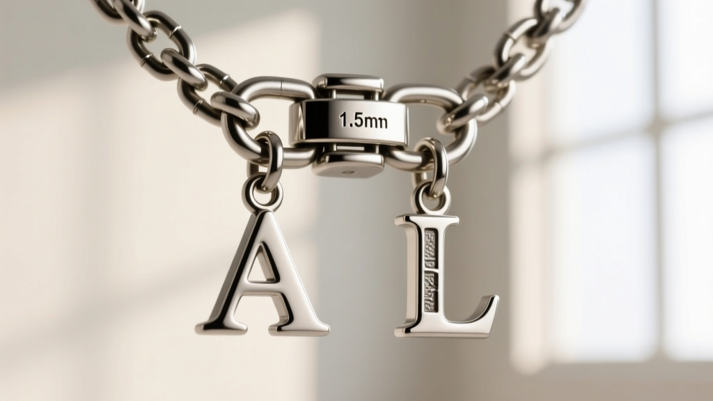 Extreme close-up of a 1.5mm stainless steel box chain clasp and soldered jump ring supporting two heavy initial letter charms.