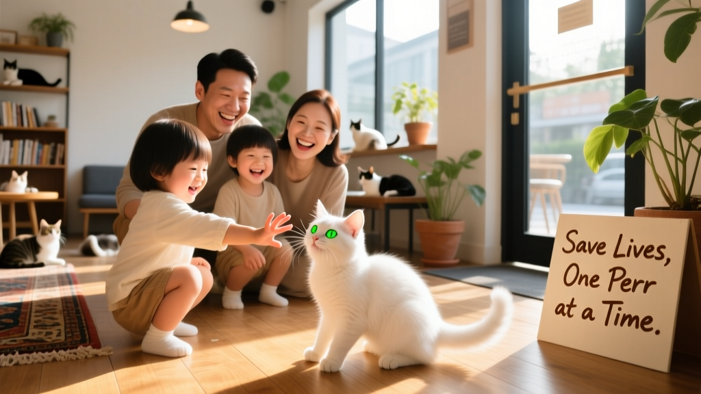 A joyful family smiling as a kitten gently bats at a child's hand during a supervised visit in a sunlit cat cafe lounge
