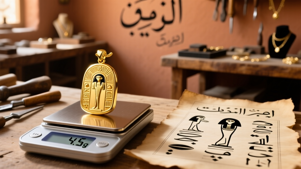 Digital scale displaying a 4.5g 21k gold cartouche pendant next to a hieroglyph translation chart in a Cairo jewelry workshop.