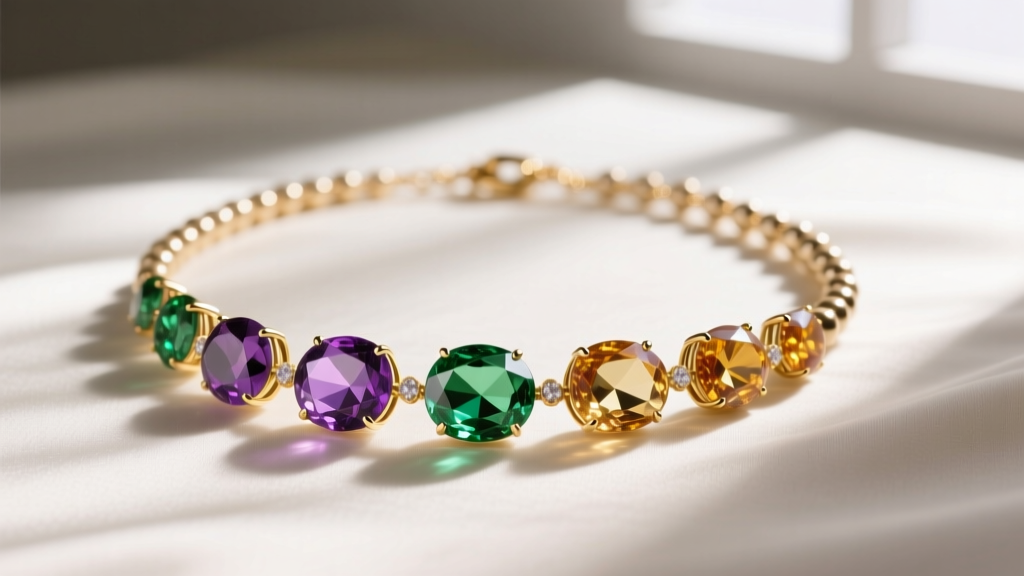 Fine jewelry version of Mardi Gras bead necklaces using faceted amethyst, peridot, and citrine gemstones strung on 14k gold wire